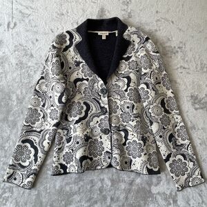 Venario Wool Cardigan Women's Medium Floral Print Gray Cream Sweater Jacket Top